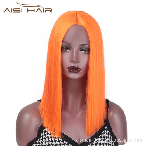Aisi Hair Medium Long Orange Wig Cosplay Front Lace Wig Middle Part Straight Silky Synthetic Lace Frontal Hair Wigs For Women